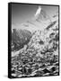 Morning Town View with Matterhorn, Zermatt, Valais, Wallis, Switzerland-Walter Bibikow-Framed Stretched Canvas