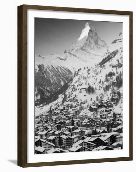 Morning Town View with Matterhorn, Zermatt, Valais, Wallis, Switzerland-Walter Bibikow-Framed Premium Photographic Print