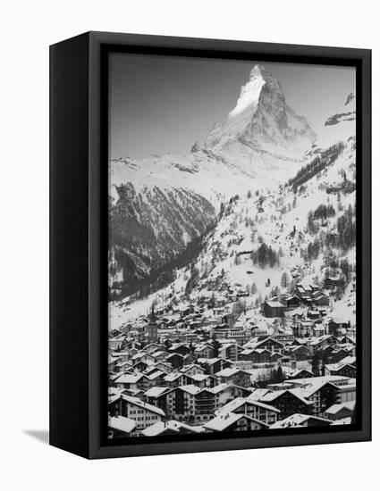 Morning Town View with Matterhorn, Zermatt, Valais, Wallis, Switzerland-Walter Bibikow-Framed Stretched Canvas