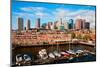 Morning View of boats at Lewis Wharf and Boston Skyline, MA-null-Mounted Photographic Print