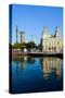 Morning water reflections of building at Port Vell, Old Harbor, Barcelona, Spain-null-Stretched Canvas