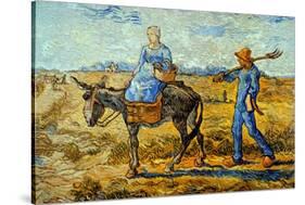 Morning with Farmer and Pitchfork; His Wife Riding a Donkey and Carrying a Basket-Vincent van Gogh-Stretched Canvas