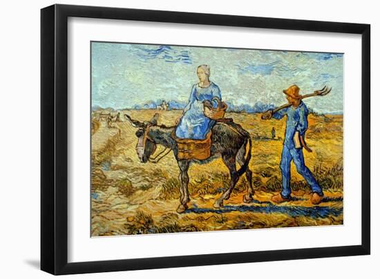 Morning with Farmer and Pitchfork; His Wife Riding a Donkey and Carrying a Basket-Vincent van Gogh-Framed Art Print