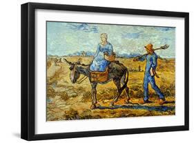 Morning with Farmer and Pitchfork; His Wife Riding a Donkey and Carrying a Basket-Vincent van Gogh-Framed Art Print