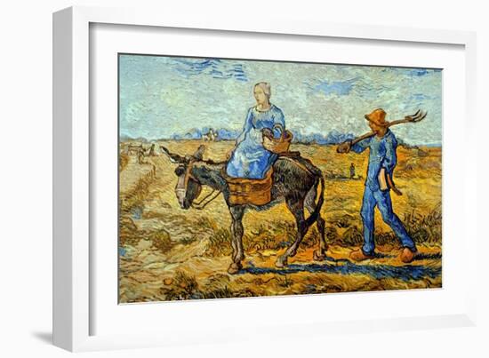 Morning with Farmer and Pitchfork; His Wife Riding a Donkey and Carrying a Basket-Vincent van Gogh-Framed Art Print