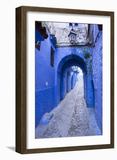 Morocco. A blue alley in the hill town of Chefchaouen.-Brenda Tharp-Framed Photographic Print