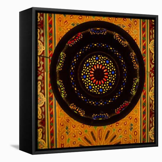 Morocco. A graphic silhouetted detail of a metal Moroccan lamp in a ceiling of a restaurant.-Brenda Tharp-Framed Stretched Canvas