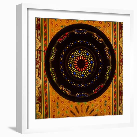 Morocco. A graphic silhouetted detail of a metal Moroccan lamp in a ceiling of a restaurant.-Brenda Tharp-Framed Photographic Print