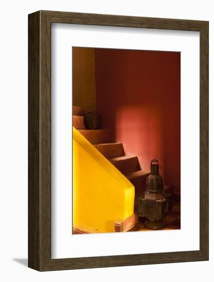 Morocco. An old lantern and jug on steps of a restored Kasbah with a texture overlay.-Brenda Tharp-Framed Photographic Print