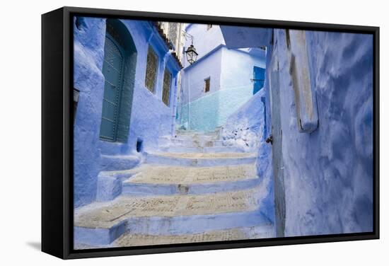 Morocco. Blue Narrow Streets and Neighborhooda of Chaouen-Emily Wilson-Framed Stretched Canvas