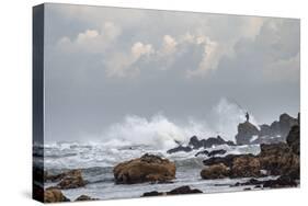 Morocco, Casablanca. Man fishing amid ocean waves.-Jaynes Gallery-Stretched Canvas