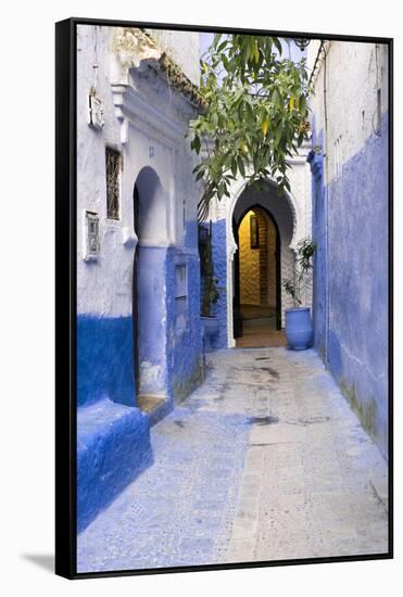 Morocco, Chaouen. Narrow Street Lined with Blue Buildings-Emily Wilson-Framed Stretched Canvas