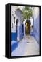 Morocco, Chaouen. Narrow Street Lined with Blue Buildings-Emily Wilson-Framed Stretched Canvas