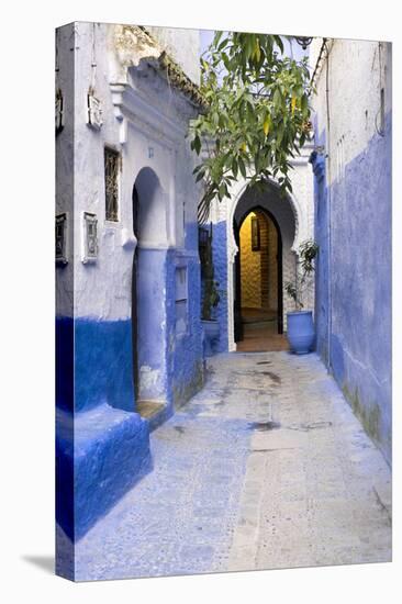 Morocco, Chaouen. Narrow Street Lined with Blue Buildings-Emily Wilson-Stretched Canvas