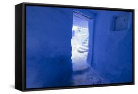 Morocco, Chaouen. Vivid Blue Doorway Out to the Street-Emily Wilson-Framed Stretched Canvas