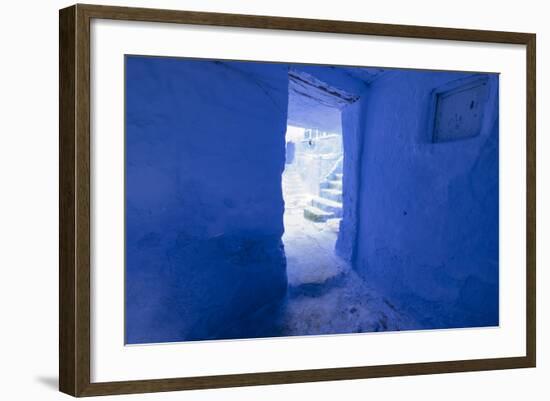 Morocco, Chaouen. Vivid Blue Doorway Out to the Street-Emily Wilson-Framed Photographic Print