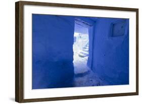 Morocco, Chaouen. Vivid Blue Doorway Out to the Street-Emily Wilson-Framed Photographic Print