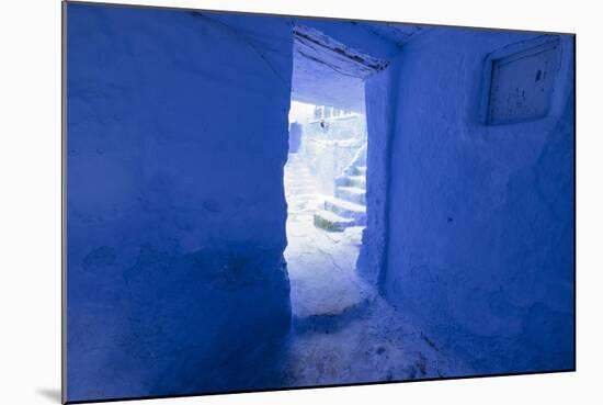 Morocco, Chaouen. Vivid Blue Doorway Out to the Street-Emily Wilson-Mounted Photographic Print