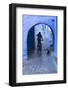 Morocco, Chefchaouen. Bicyclist Rides Past Cat in Archway in the Blue Village of Chefchaouen-Brenda Tharp-Framed Photographic Print