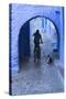 Morocco, Chefchaouen. Bicyclist Rides Past Cat in Archway in the Blue Village of Chefchaouen-Brenda Tharp-Stretched Canvas