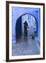 Morocco, Chefchaouen. Bicyclist Rides Past Cat in Archway in the Blue Village of Chefchaouen-Brenda Tharp-Framed Photographic Print