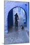 Morocco, Chefchaouen. Bicyclist Rides Past Cat in Archway in the Blue Village of Chefchaouen-Brenda Tharp-Mounted Photographic Print