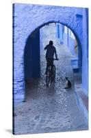 Morocco, Chefchaouen. Bicyclist Rides Past Cat in Archway in the Blue Village of Chefchaouen-Brenda Tharp-Stretched Canvas