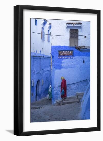 Morocco, Chefchaouen. Women Walking the Cobblestone Streets-Brenda Tharp-Framed Photographic Print