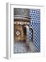 Morocco, Fes. Vase and pillar details with traditional design in the interior of a riad.-Brenda Tharp-Framed Photographic Print