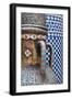 Morocco, Fes. Vase and pillar details with traditional design in the interior of a riad.-Brenda Tharp-Framed Premium Photographic Print