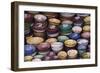 Morocco, Marrakech. Colorfully painted ceramic bowls for sale in a souk, a shop.-Brenda Tharp-Framed Photographic Print