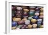 Morocco, Marrakech. Colorfully painted ceramic bowls for sale in a souk, a shop.-Brenda Tharp-Framed Photographic Print