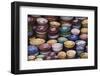 Morocco, Marrakech. Colorfully painted ceramic bowls for sale in a souk, a shop.-Brenda Tharp-Framed Premium Photographic Print
