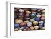 Morocco, Marrakech. Colorfully painted ceramic bowls for sale in a souk, a shop.-Brenda Tharp-Framed Premium Photographic Print