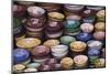 Morocco, Marrakech. Colorfully painted ceramic bowls for sale in a souk, a shop.-Brenda Tharp-Mounted Premium Photographic Print