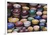 Morocco, Marrakech. Colorfully painted ceramic bowls for sale in a souk, a shop.-Brenda Tharp-Framed Photographic Print