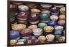 Morocco, Marrakech. Colorfully painted ceramic bowls for sale in a souk, a shop.-Brenda Tharp-Framed Photographic Print