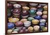 Morocco, Marrakech. Colorfully painted ceramic bowls for sale in a souk, a shop.-Brenda Tharp-Framed Photographic Print