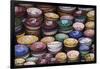 Morocco, Marrakech. Colorfully painted ceramic bowls for sale in a souk, a shop.-Brenda Tharp-Framed Photographic Print