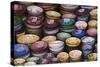 Morocco, Marrakech. Colorfully painted ceramic bowls for sale in a souk, a shop.-Brenda Tharp-Stretched Canvas