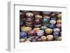 Morocco, Marrakech. Colorfully painted ceramic bowls for sale in a souk, a shop.-Brenda Tharp-Framed Photographic Print