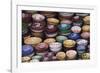 Morocco, Marrakech. Colorfully painted ceramic bowls for sale in a souk, a shop.-Brenda Tharp-Framed Photographic Print