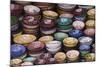 Morocco, Marrakech. Colorfully painted ceramic bowls for sale in a souk, a shop.-Brenda Tharp-Mounted Photographic Print