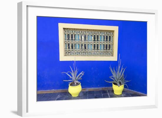 Morocco, Marrakech, Potted Succulent Plants Outside a Blue Building-Emily Wilson-Framed Photographic Print