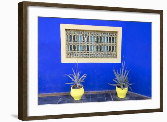 Morocco, Marrakech, Potted Succulent Plants Outside a Blue Building-Emily Wilson-Framed Photographic Print