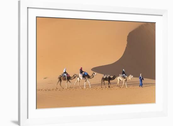 Morocco. Tourists ride camels in Erg Chebbi in the Sahara desert.-Brenda Tharp-Framed Premium Photographic Print