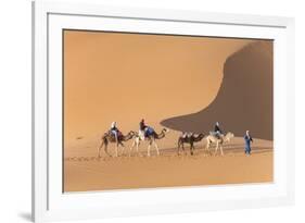 Morocco. Tourists ride camels in Erg Chebbi in the Sahara desert.-Brenda Tharp-Framed Premium Photographic Print