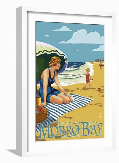 Morro Bay, California Beach Scene-Lantern Press-Framed Art Print