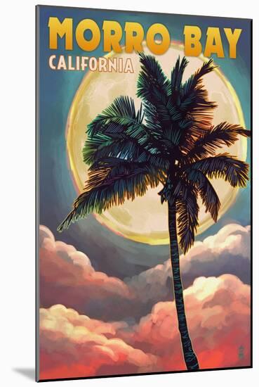 Morro Bay, California - Palm and Moon-Lantern Press-Mounted Art Print