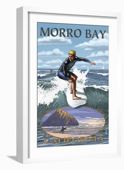 Morro Bay, California - Surfing Scene-Lantern Press-Framed Art Print